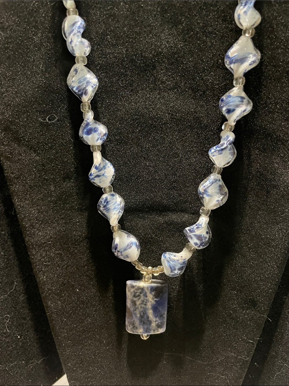 Handmade Blue & White Glass Bead Pendant Necklace.  M’s